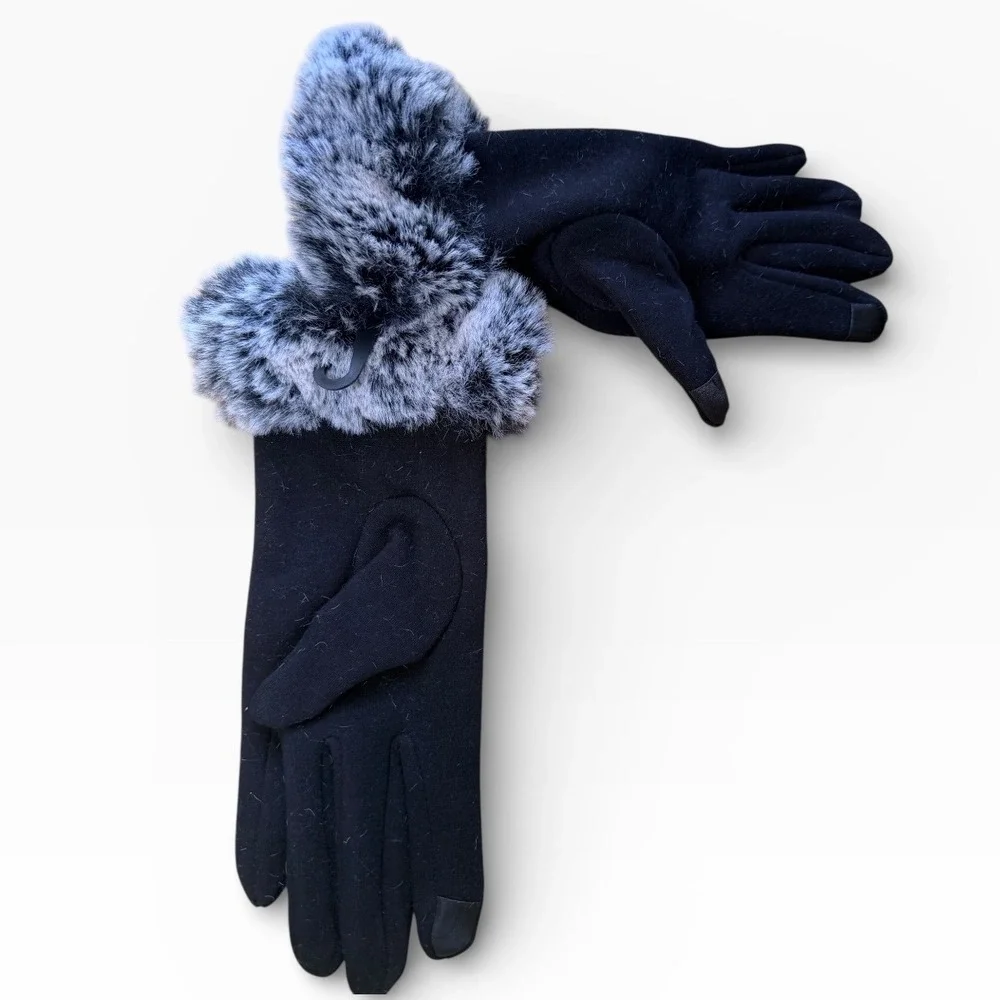 Black Faux Fur Trimmed Rhinestone Gloves Winter Warm Fashion Accessories